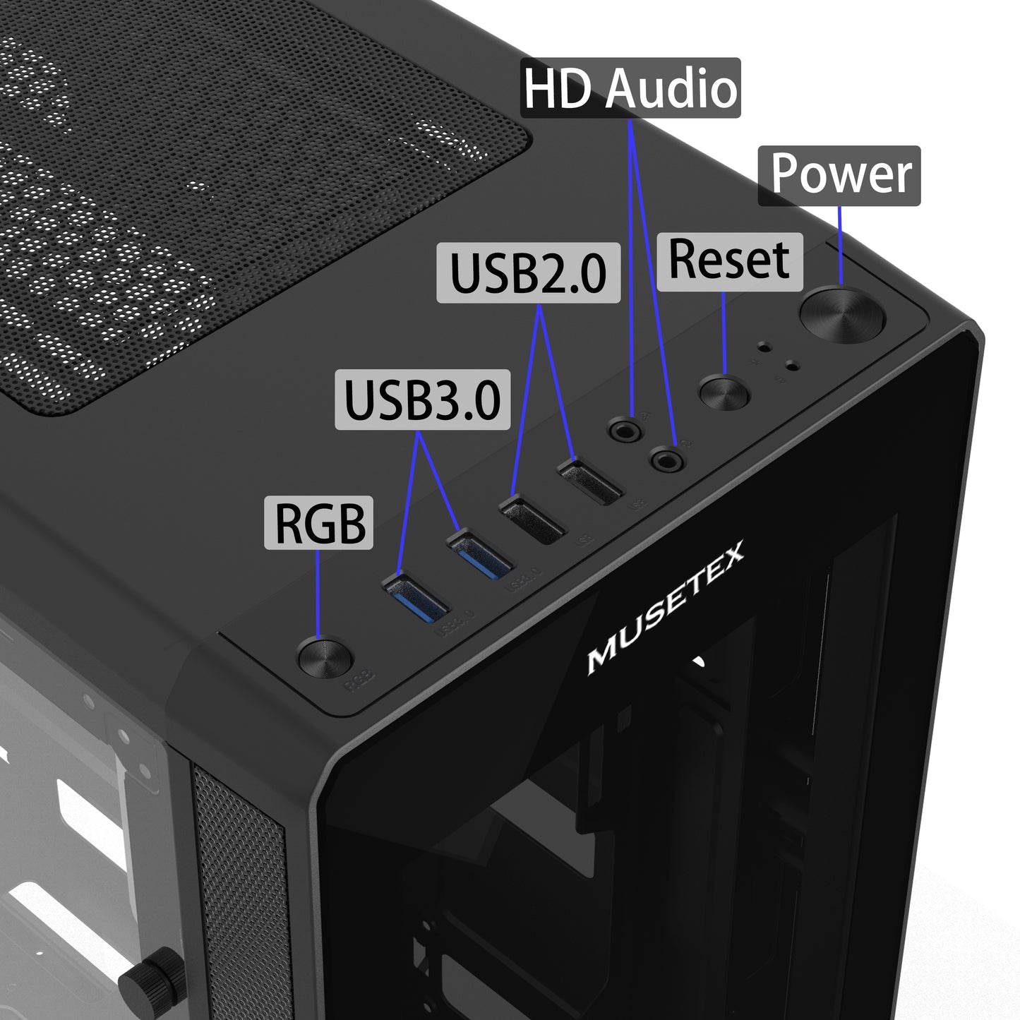 T400-MN8 MUSETEX 8 PCS ARGB Fans ATX Mid-Tower Case with 2 × USB 3.0, Computer PC Gaming Case with Remote Control, Tempered Glass Cooling System/Airflow/Cable Management(T400-MN8)
