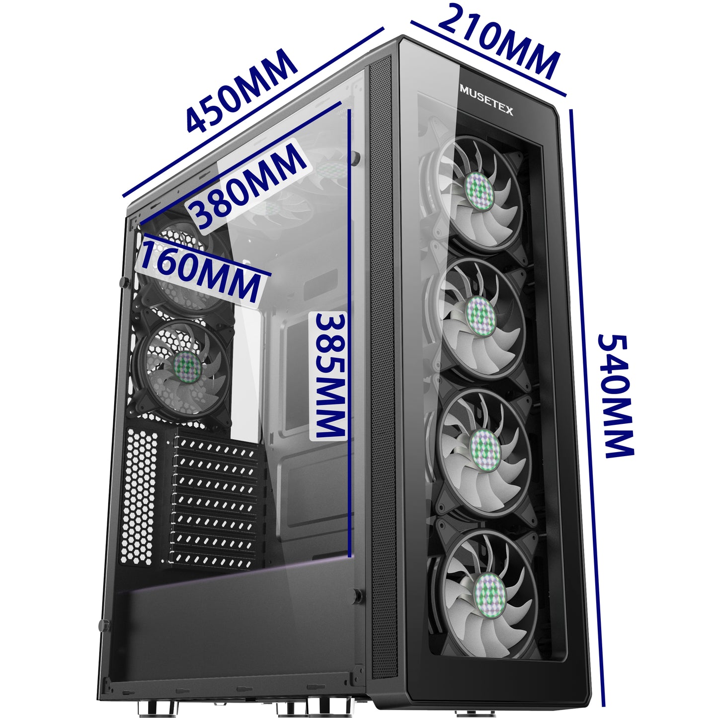 T400-MN8 MUSETEX 8 PCS ARGB Fans ATX Mid-Tower Case with 2 × USB 3.0, Computer PC Gaming Case with Remote Control, Tempered Glass Cooling System/Airflow/Cable Management(T400-MN8)