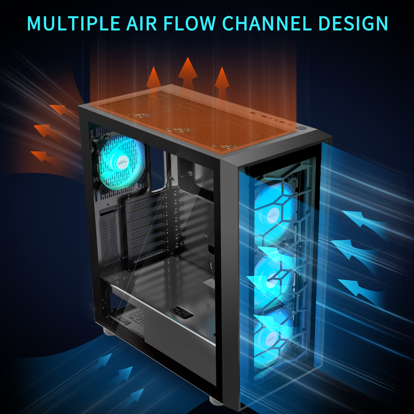 G08-N7 MUSETEX PC Case 7 PWM ARGB Fans Pre-Installed, Gaming PC Case 360mm RAD Support, Double Tempered Glass ATX Case, USB 3.0 x 2 Mid Tower Computer Case, Black, G08S
