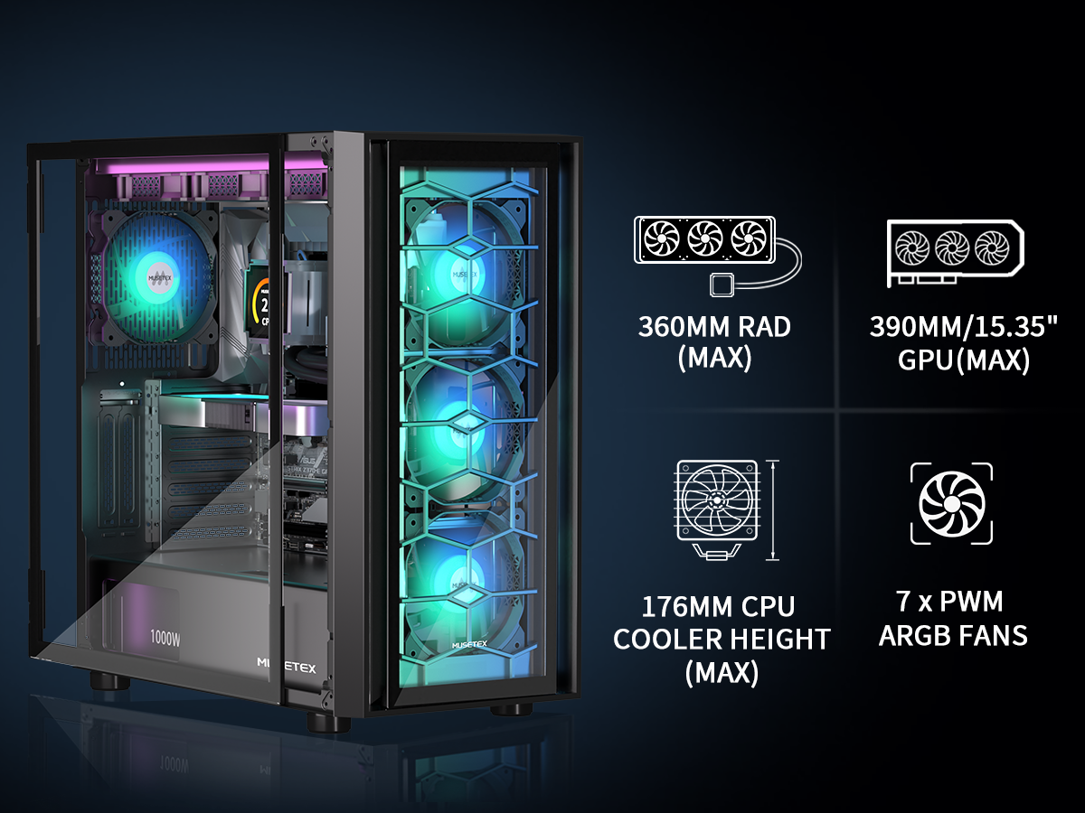 G08-N7 MUSETEX PC Case 7 PWM ARGB Fans Pre-Installed, Gaming PC Case 360mm RAD Support, Double Tempered Glass ATX Case, USB 3.0 x 2 Mid Tower Computer Case, Black, G08S