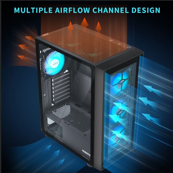 G07S-N6 MUSETEX ATX PC Case, 6 PWM ARGB Fans Pre-Installed, Computer Case with Double Tempered Glass, Mid Tower Gaming PC Case, USB 3.0 x 2, Black, G07
