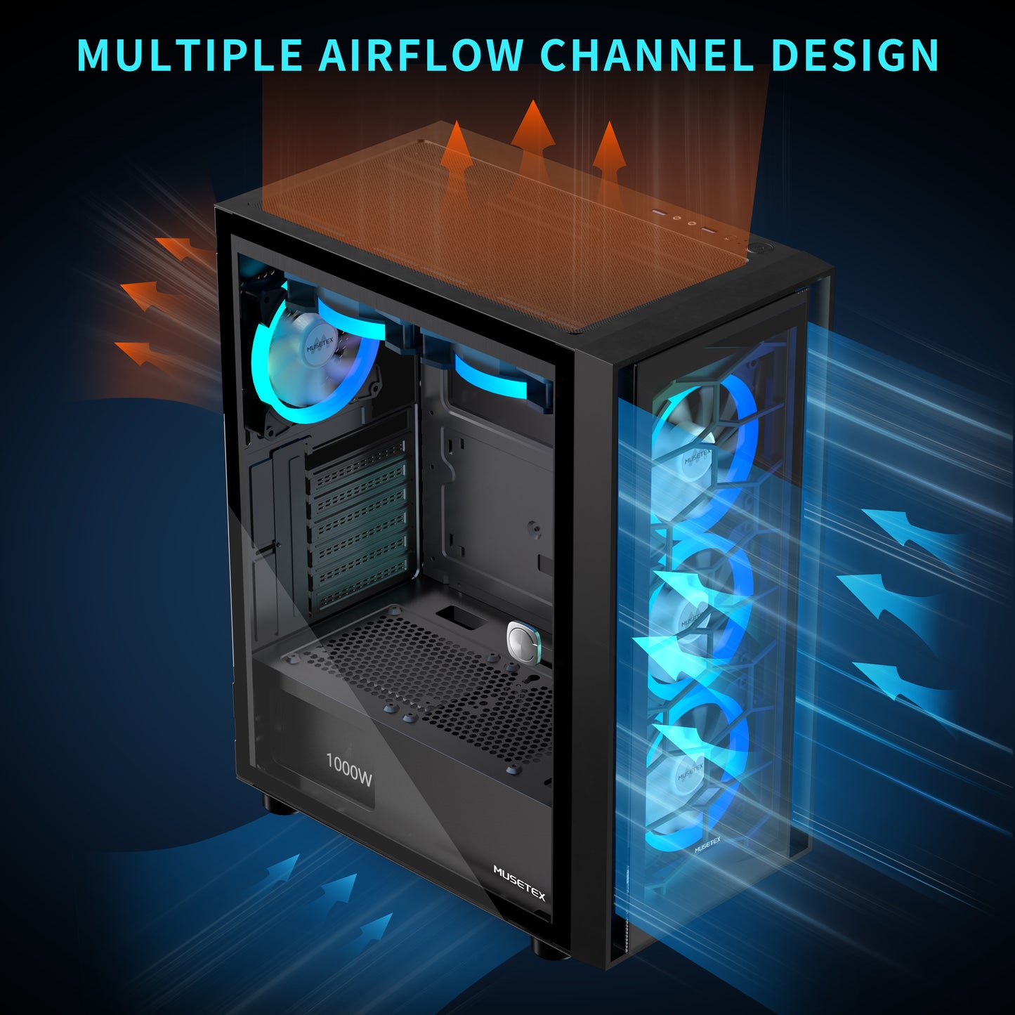 G07-S6 MUSETEX ATX PC Case, 6 PWM ARGB Fans Pre-Installed, Computer Case with Opening Tempered Glass Door, Mid Tower Gaming PC Case, USB 3.0 x 2, Black, G07-S6