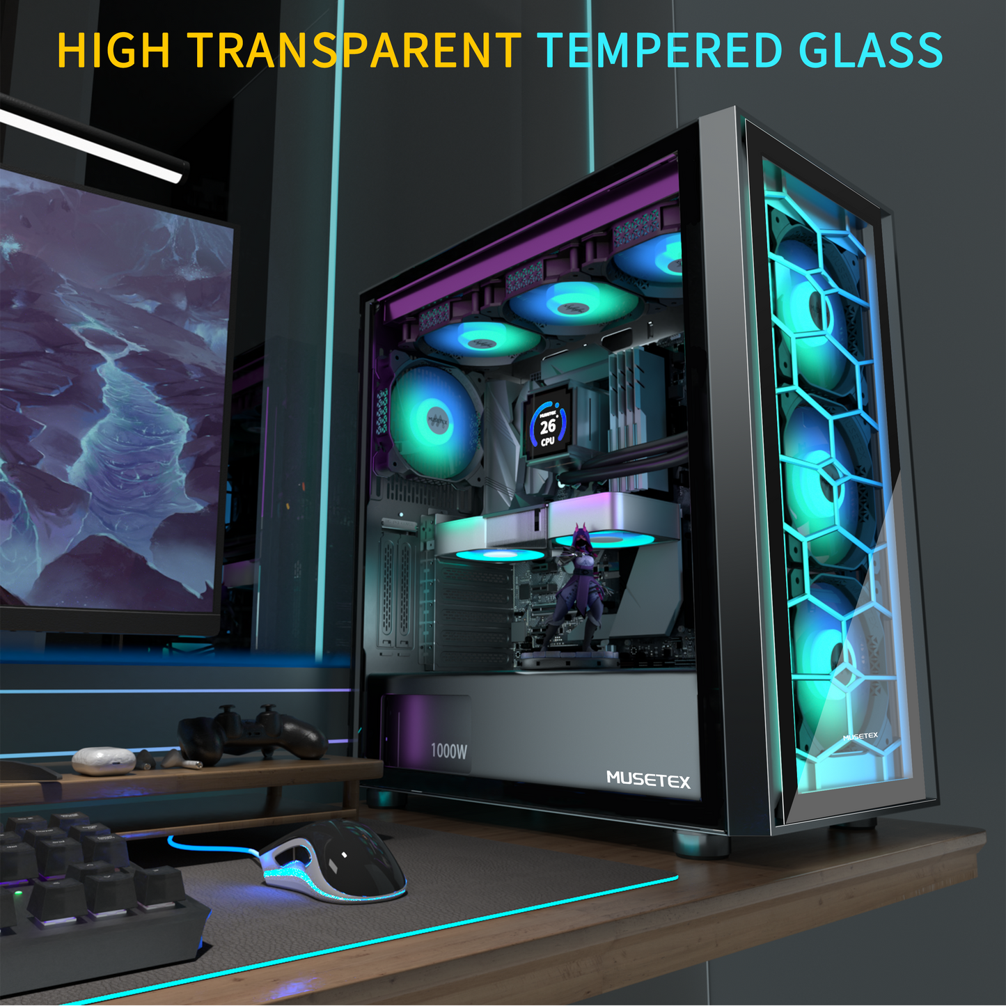 G08-N7 MUSETEX PC Case 7 PWM ARGB Fans Pre-Installed, Gaming PC Case 360mm RAD Support, Double Tempered Glass ATX Case, USB 3.0 x 2 Mid Tower Computer Case, Black, G08S