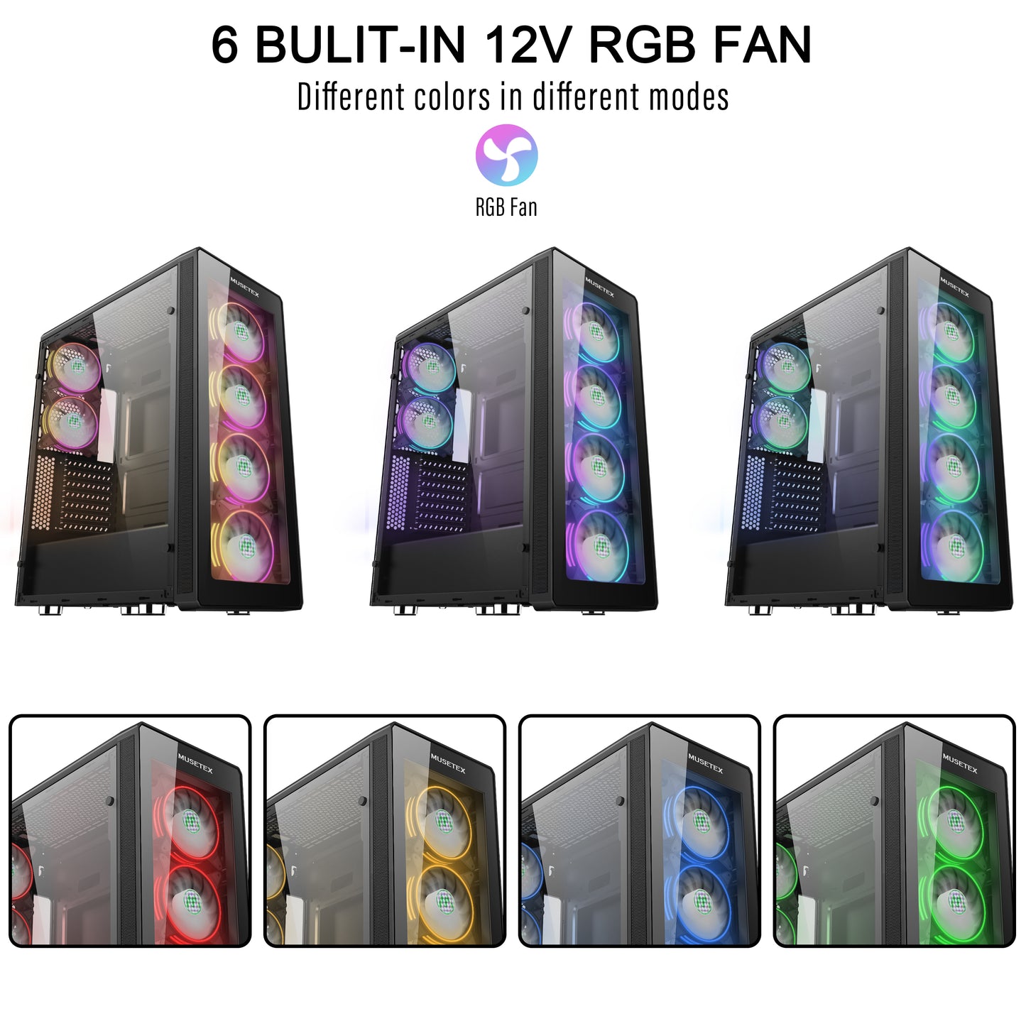 T400-MS6 MUSETEX ATX Mid-Tower PC Gaming Case 2× USB 3.0 & 6× ARGB Fans, Computer PC Chassis with Remote Control, Tempered Glass Cooling System/Airflow/Cable Management(T400-MS6)