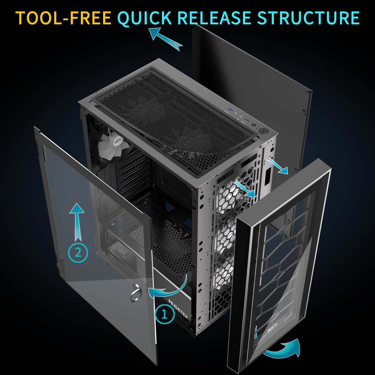 G07-N6 MUSETEX ATX PC Case, 6 PWM ARGB Fans Pre-Installed, Computer Case with Opening Tempered Glass Door, Mid Tower Gaming PC Case, USB 3.0 x 2, Black, G07