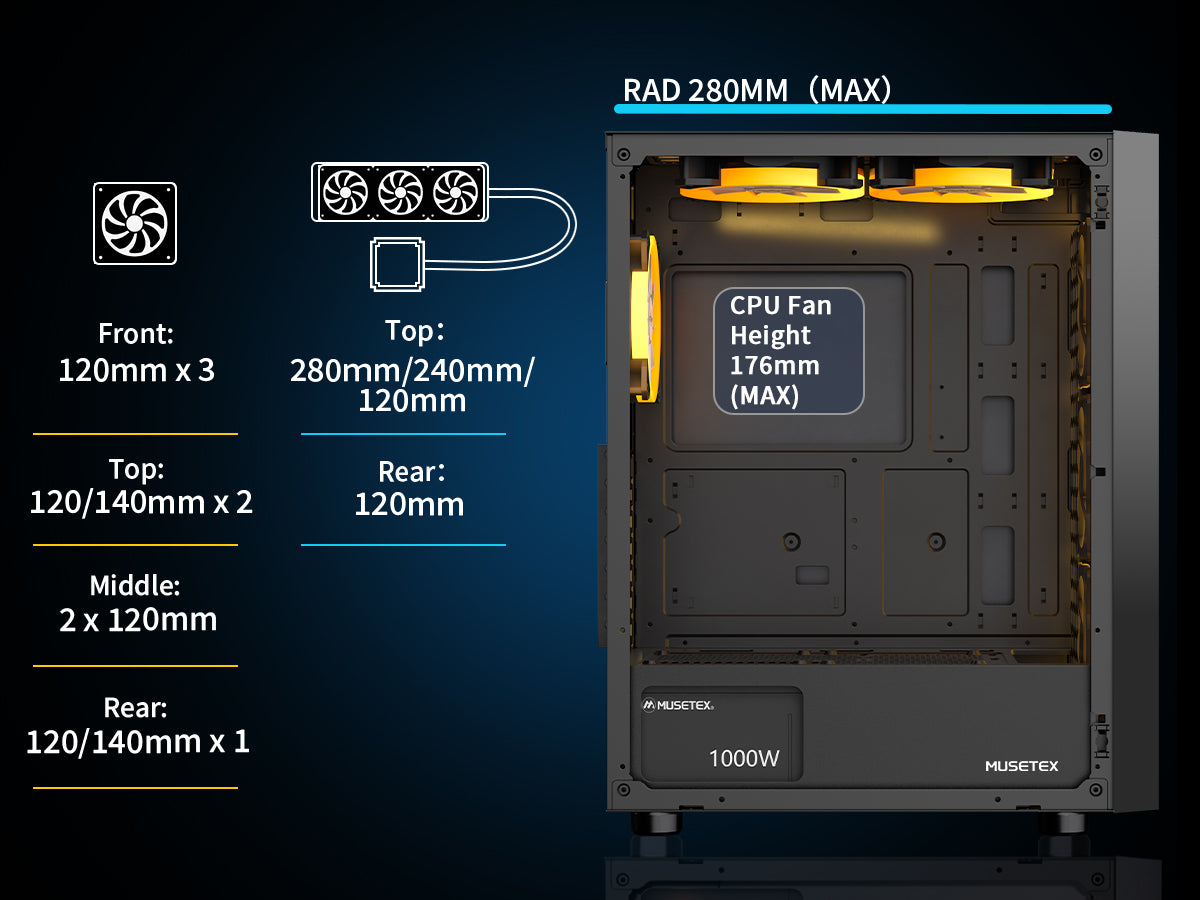 G07-S6 MUSETEX ATX PC Case, 6 PWM ARGB Fans Pre-Installed, Computer Case with Opening Tempered Glass Door, Mid Tower Gaming PC Case, USB 3.0 x 2, Black, G07-S6