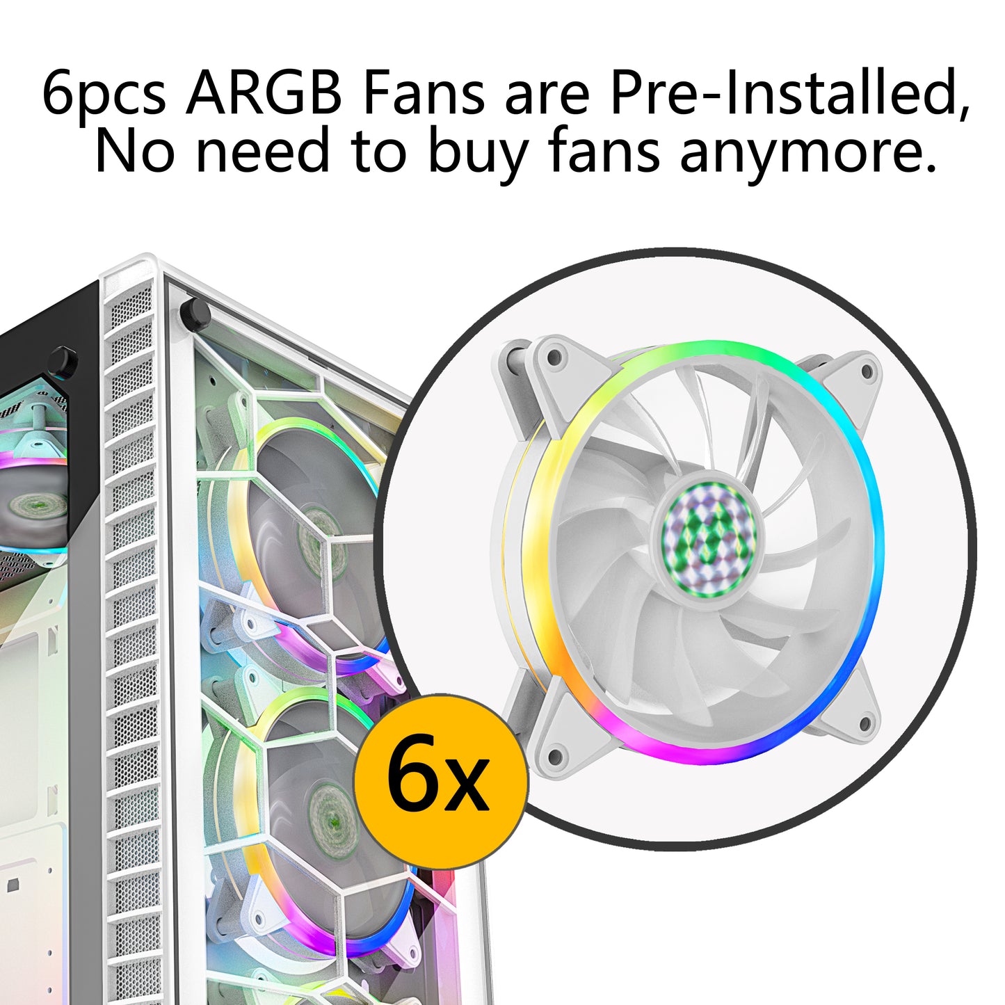 G05MS6-BB MUSETEX 6pcs 120mm ARGB Fans and USB 3.0 ATX Mid-Tower PC Gaming Cases Computer Cases, 2 Tempered Glass Panels, White Mid Tower Computer Chassis(G05MS6-BB)