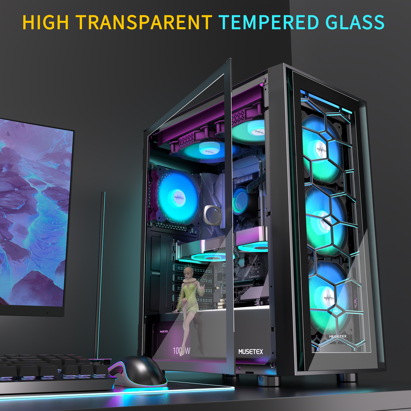 G07-N6 MUSETEX ATX PC Case, 6 PWM ARGB Fans Pre-Installed, Computer Case with Opening Tempered Glass Door, Mid Tower Gaming PC Case, USB 3.0 x 2, Black, G07