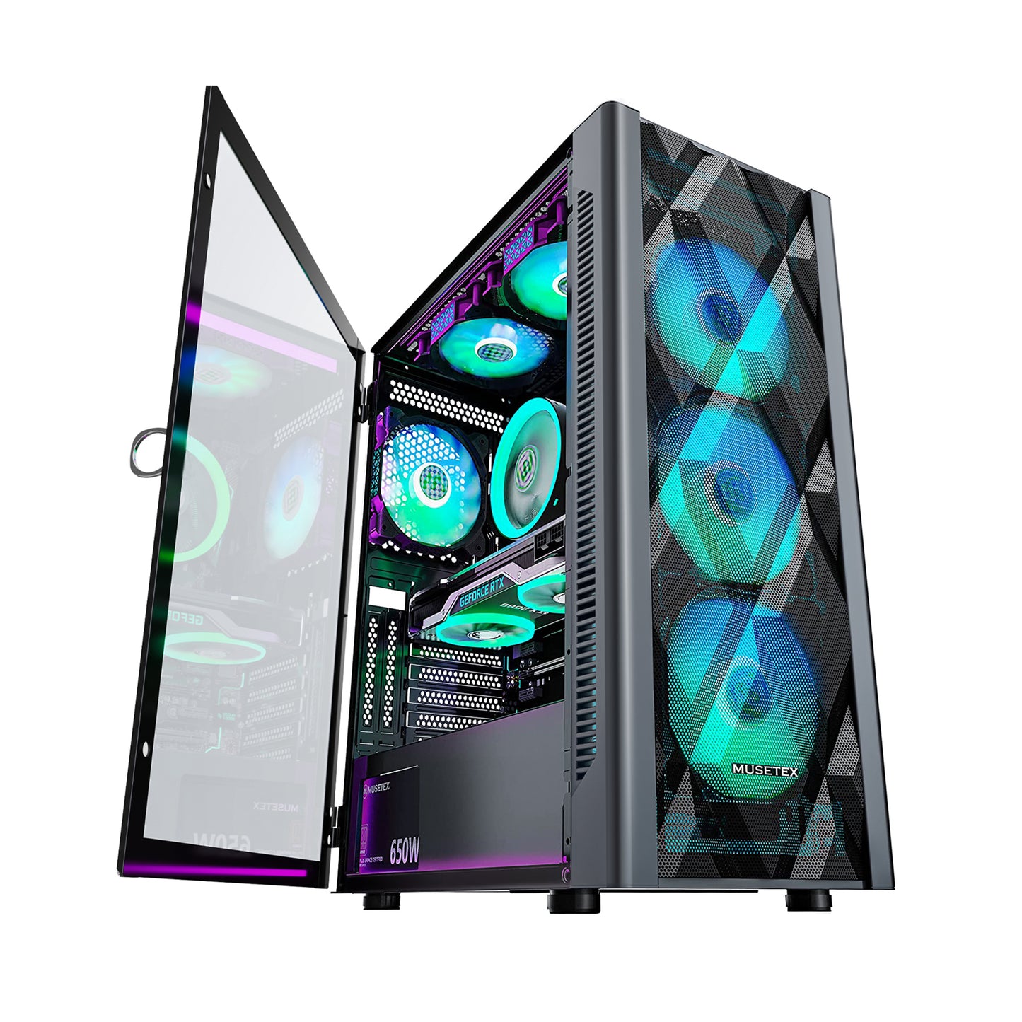 NN8 MUSETEX ATX Opening Door Glass Airflow Mid - Tower PC Case Diamond Mesh Front Panel design