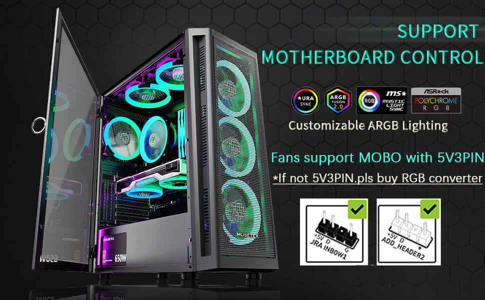 TW8-S6 MUSETEX ATX PC Case with 6 PWM ARGB Fans, Mid-Tower Gaming Case with Opening Tempered Glass Side Panel Door, Mesh Computer Case, TW8