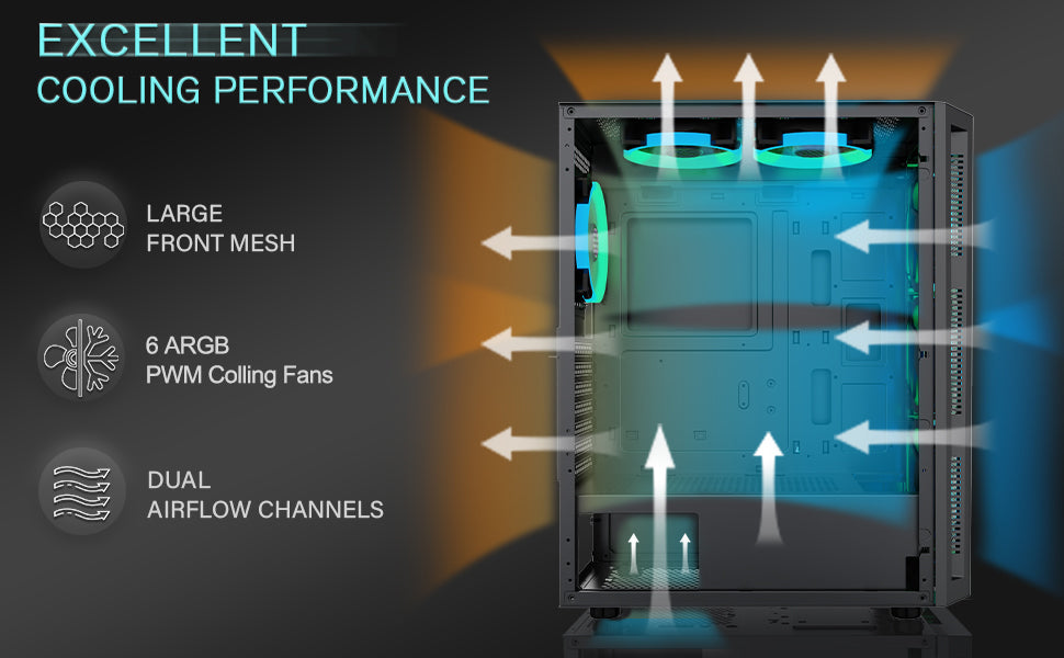 TW8-S6 MUSETEX ATX PC Case with 6 PWM ARGB Fans, Mid-Tower Gaming Case with Opening Tempered Glass Side Panel Door, Mesh Computer Case, TW8