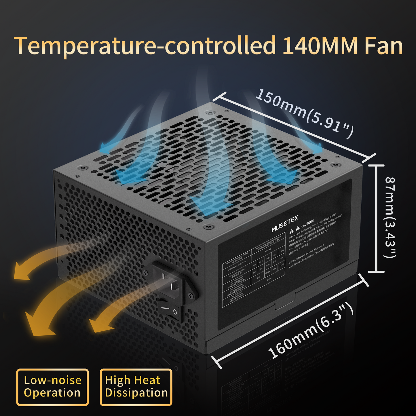 MUSETEX Power Supply 1000W, Full Modular ATX Computer Power Supplies, Multi Connectors, 140mm Ultra Quiet Cooling Fan, PC PSU, Black (MU1000)-Supported in US only