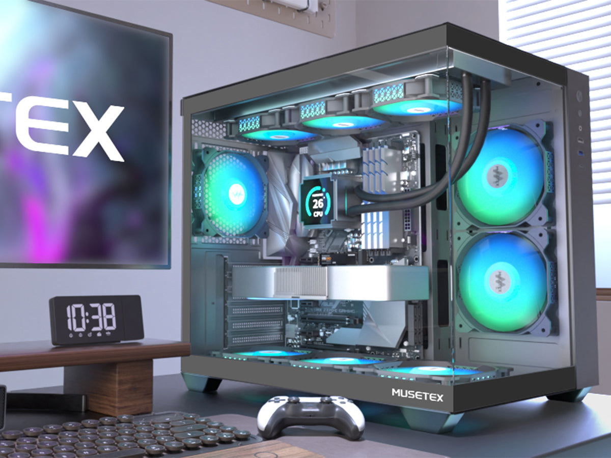Y6-3-B MUSETEX ATX PC Case, 3 x 120mm Fans Pre-Installed, 360MM RAD Support, 270° Full View Tempered Glass Gaming PC Case with Type-C, Mid Tower ATX Computer Case, Black, Y6