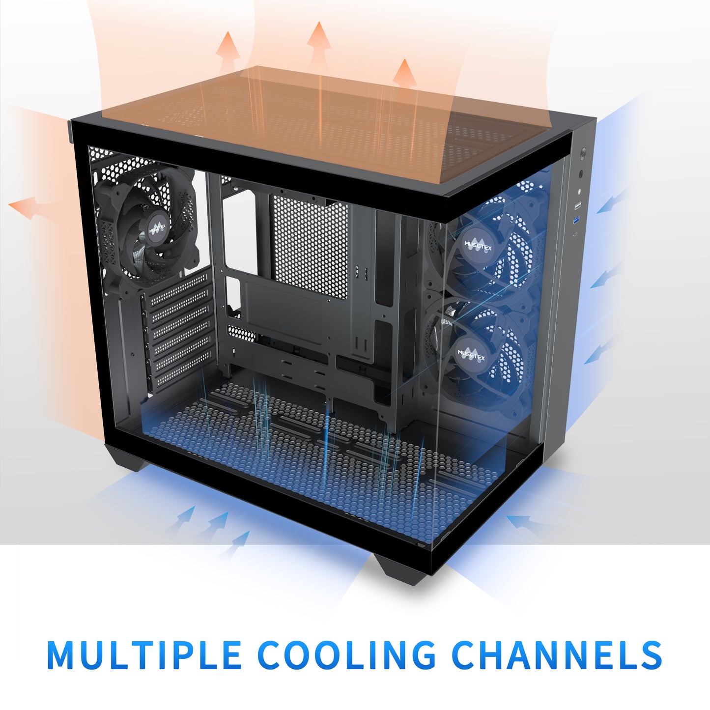 Y6-3-B MUSETEX ATX PC Case, 3 x 120mm Fans Pre-Installed, 360MM RAD Support, 270° Full View Tempered Glass Gaming PC Case with Type-C, Mid Tower ATX Computer Case, Black, Y6