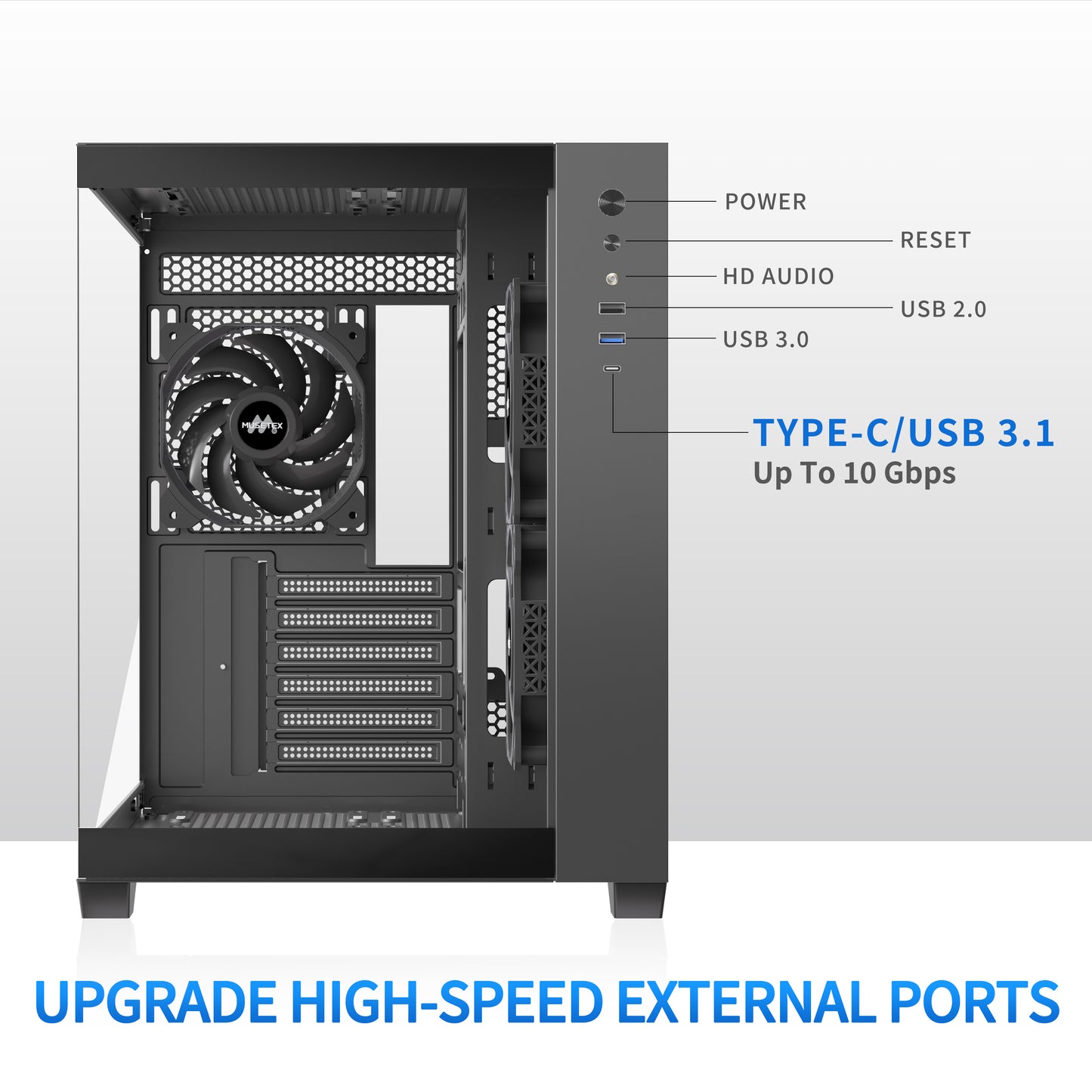 Y6-3-B MUSETEX ATX PC Case, 3 x 120mm Fans Pre-Installed, 360MM RAD Support, 270° Full View Tempered Glass Gaming PC Case with Type-C, Mid Tower ATX Computer Case, Black, Y6