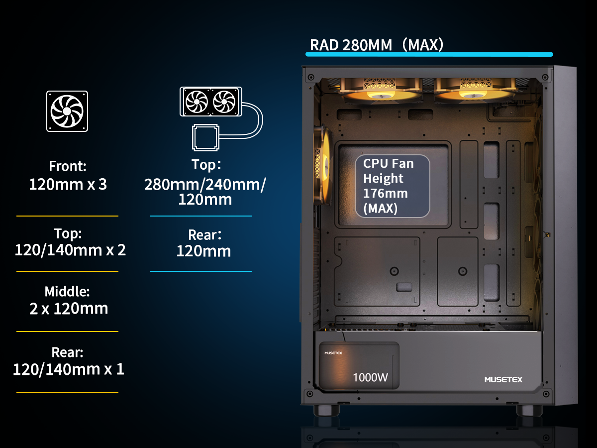 G07S-N6 MUSETEX ATX PC Case, 6 PWM ARGB Fans Pre-Installed, Computer Case with Double Tempered Glass, Mid Tower Gaming PC Case, USB 3.0 x 2, Black, G07