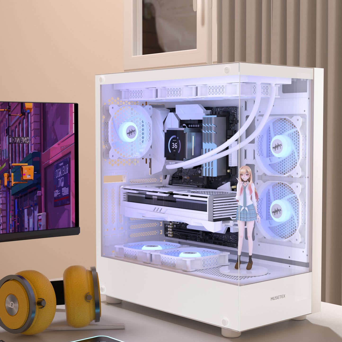 K2-3-W MUSETEX PC CASE ATX 3 Non-LED Fans Pre-Installed, Type-C Mid Tower Computer Case with Full View Dual Tempered Glass, Gaming PC Case,White(K2)