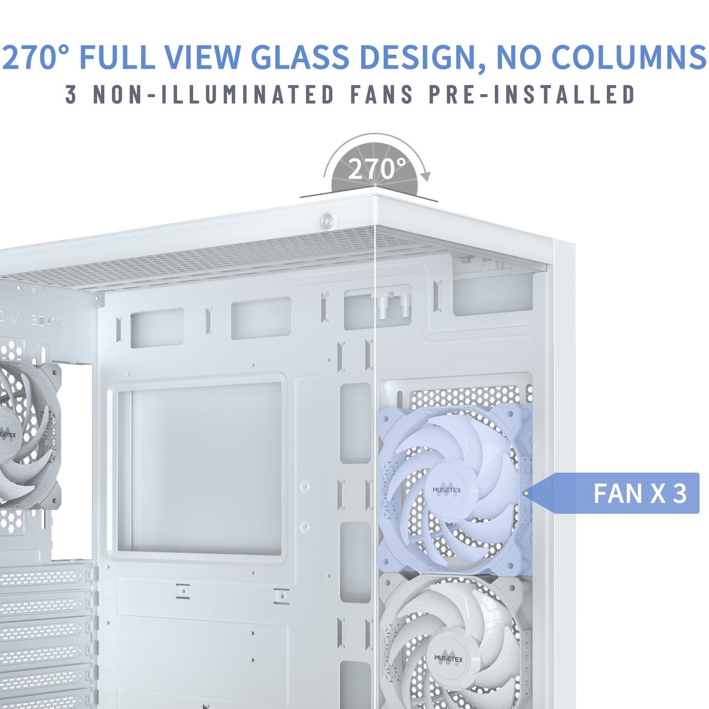 K2-3-W MUSETEX PC CASE ATX 3 Non-LED Fans Pre-Installed, Type-C Mid Tower Computer Case with Full View Dual Tempered Glass, Gaming PC Case,White(K2)