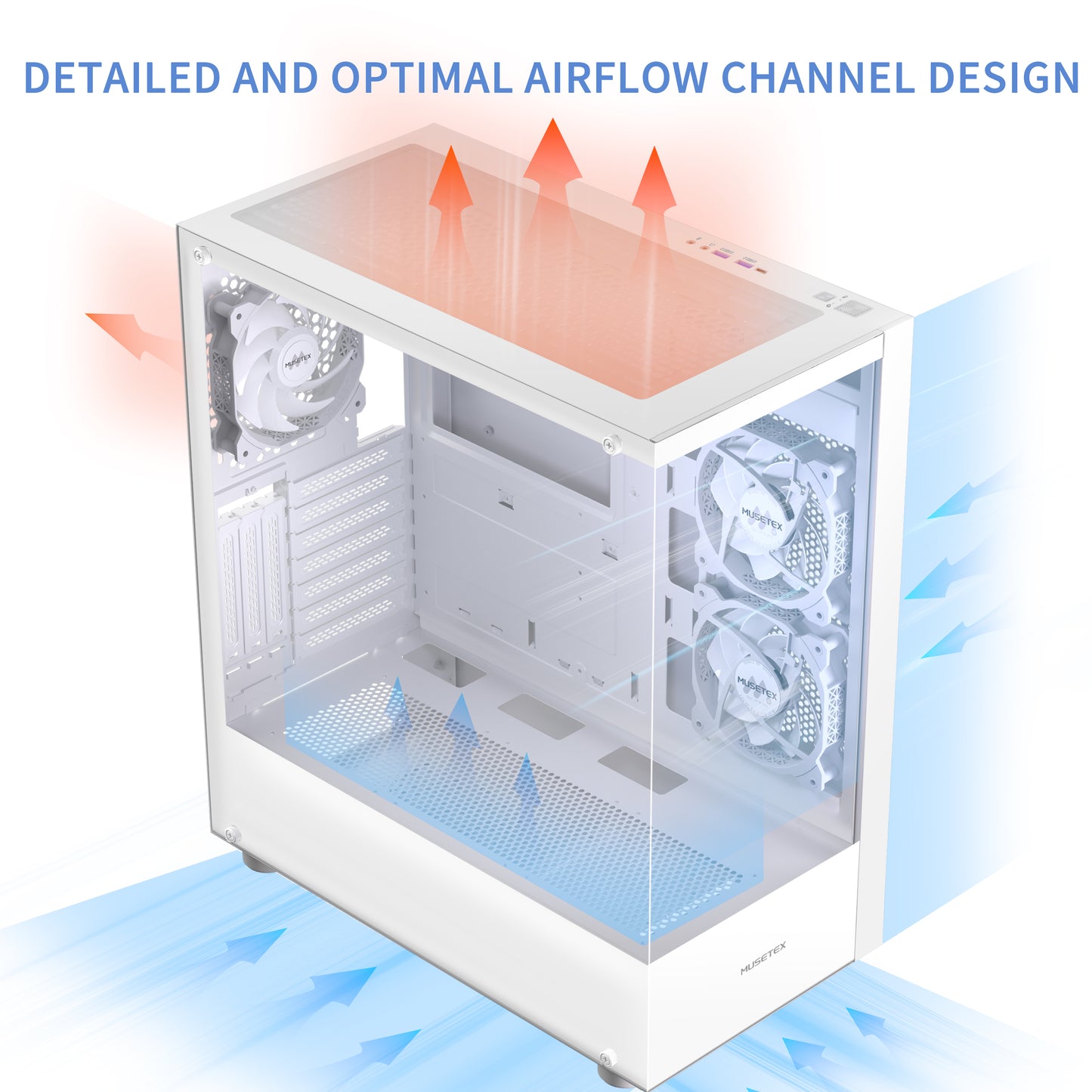 K2-3-W MUSETEX PC CASE ATX 3 Non-LED Fans Pre-Installed, Type-C Mid Tower Computer Case with Full View Dual Tempered Glass, Gaming PC Case,White(K2)