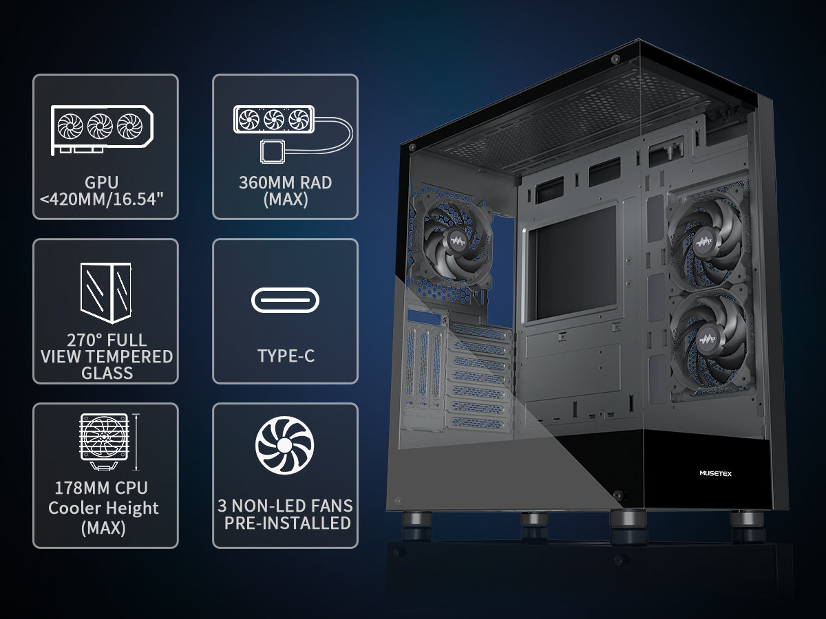 MUSETEX PC CASE ATX PreInstall 4 PWM ARGB Fans & 2 Side Fans, TypeC
