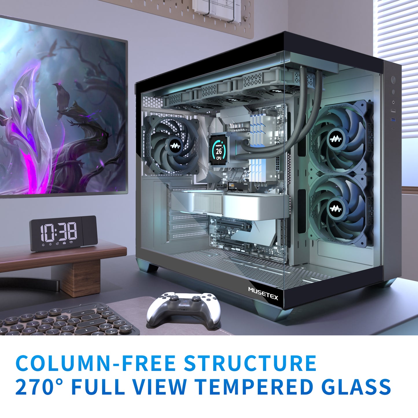 Y6-3-B MUSETEX ATX PC Case, 3 x 120mm Fans Pre-Installed, 360MM RAD Support, 270° Full View Tempered Glass Gaming PC Case with Type-C, Mid Tower ATX Computer Case, Black, Y6