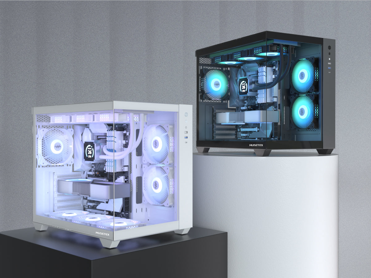 Y6-3-W MUSETEX ATX PC Case, 3 x 120mm Fans Pre-Installed, 360MM RAD Support, 270° Full View Tempered Glass Gaming PC Case with Type-C, Mid Tower ATX Computer Case, White, Y6