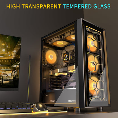 G07S-N6 MUSETEX ATX PC Case, 6 PWM ARGB Fans Pre-Installed, Computer Case with Double Tempered Glass, Mid Tower Gaming PC Case, USB 3.0 x 2, Black, G07