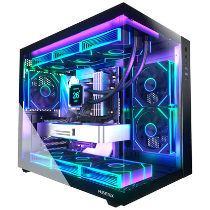 MUSETEX ATX PC Case,6 PWM ARGB Fans Pre-Installed,360MM RAD Support,Type-C Gaming PC Case,270° Full View Tempered Glass Mid Tower,Black ATX Computer Case,Y6