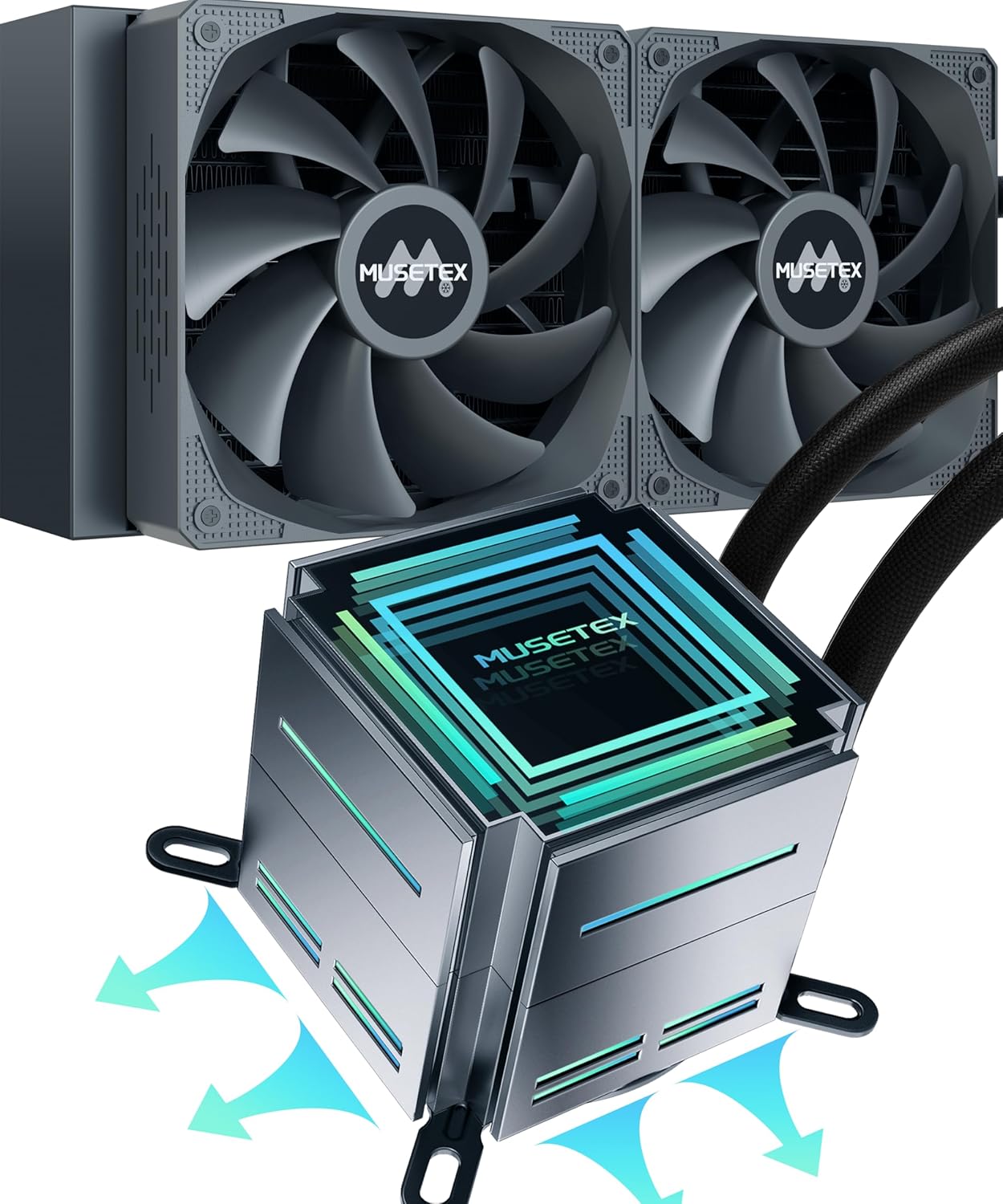 MUSETEX Liquid CPU Cooler 240MM, 38MM Thickened AIO Cooler for MOBO Cooling, Pre-Installed 2 PWM Fans, Infinity Mirrors AIO CPU Water Cooler, for Intel 1200/115X/17XX/20XX, AMD AM5/AM4, Black, M240T