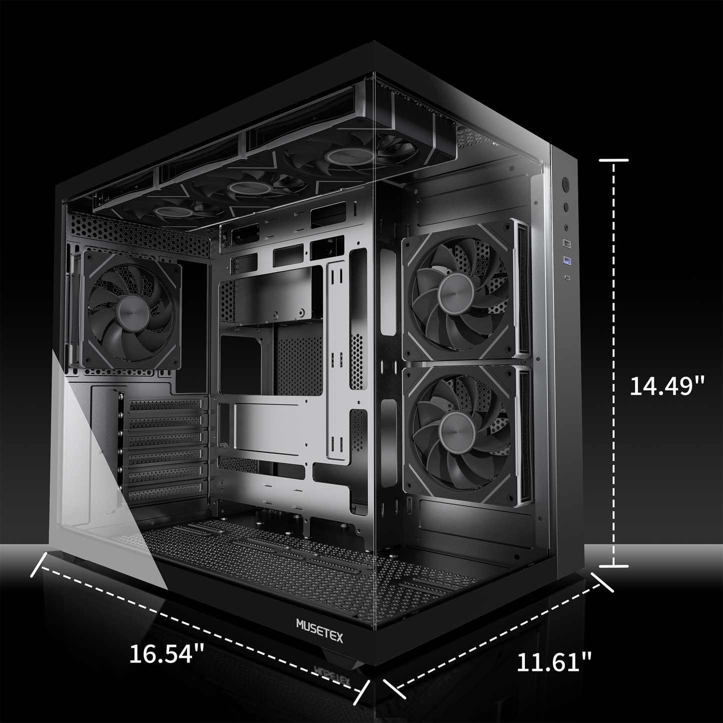 MUSETEX ATX PC Case,6 PWM ARGB Fans Pre-Installed,360MM RAD Support,Type-C Gaming PC Case,270° Full View Tempered Glass Mid Tower,Black ATX Computer Case,Y6