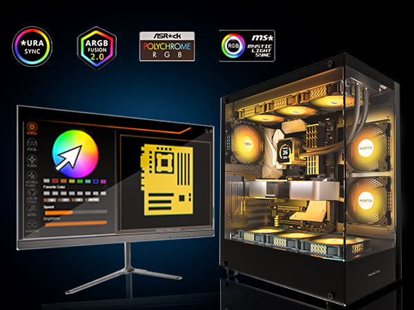 K2-N6-B MUSETEX PC CASE ATX 6 PWM ARGB Fans Pre-Installed, Type-C Mid Tower Computer Case with Full-View Dual Tempered Glass, Gaming PC Case,Black(K2)