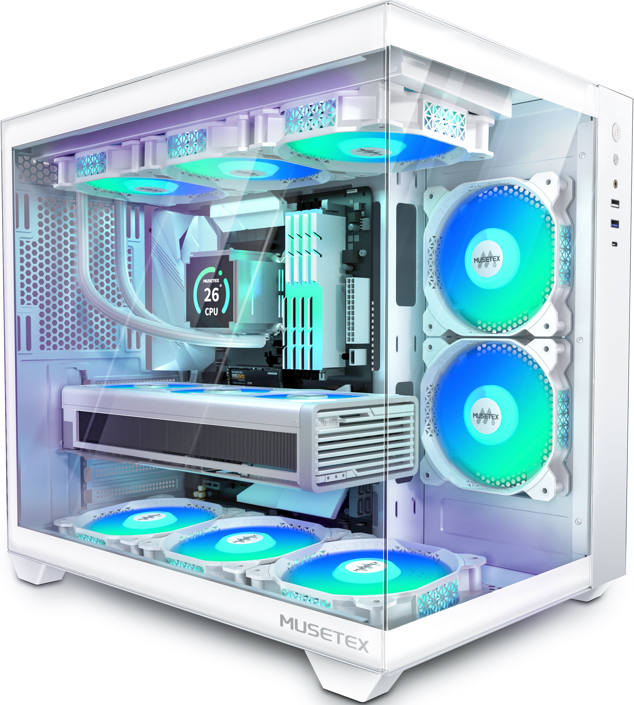 MUSETEX ATX PC Case,5 PWM ARGB Fans Pre-Installed,360MM RAD Support,Type-C Gaming PC Case,270° Full View Tempered Glass Mid Tower PC Case,Pure White ATX Computer Case,Y6