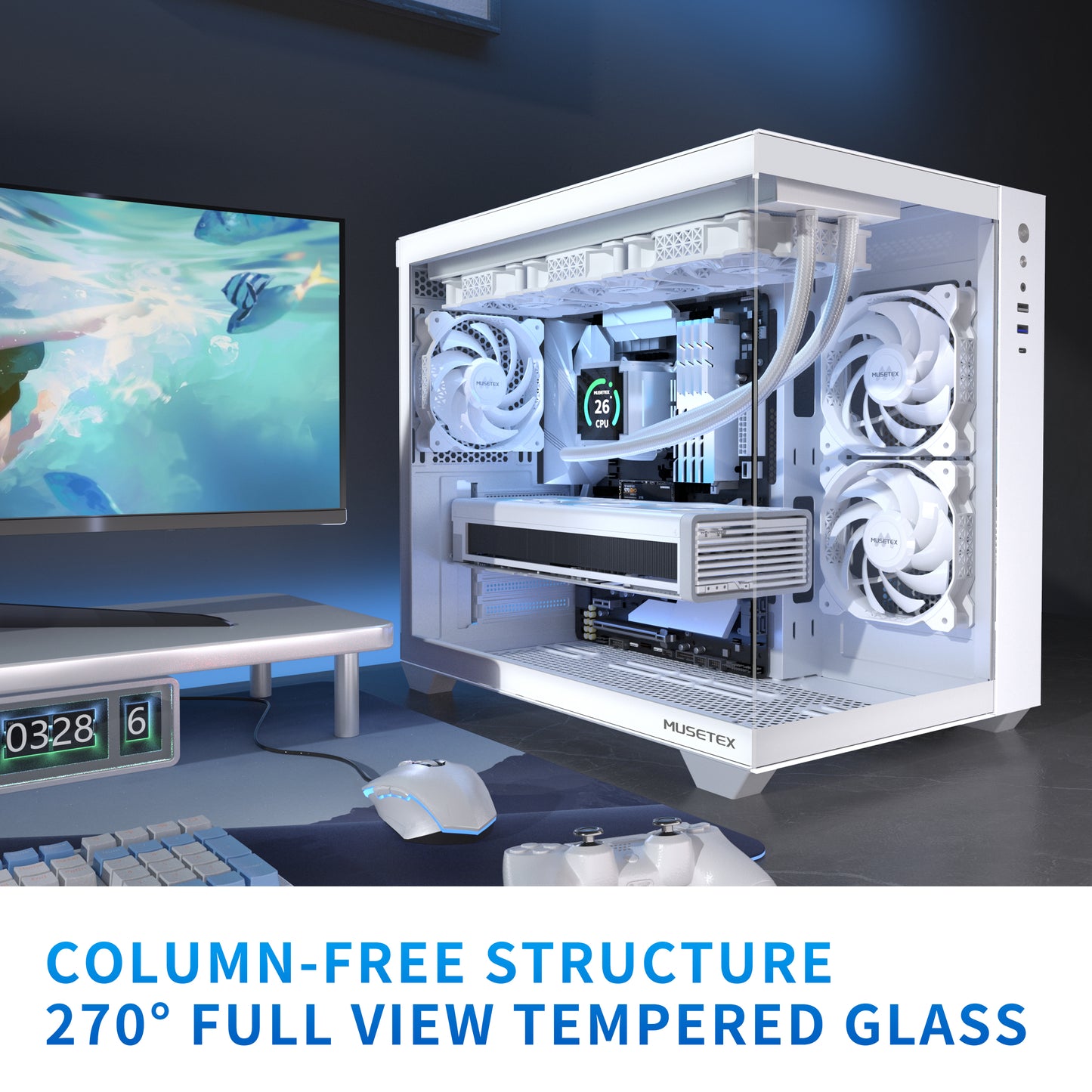 Y6-3-W MUSETEX ATX PC Case, 3 x 120mm Fans Pre-Installed, 360MM RAD Support, 270° Full View Tempered Glass Gaming PC Case with Type-C, Mid Tower ATX Computer Case, White, Y6