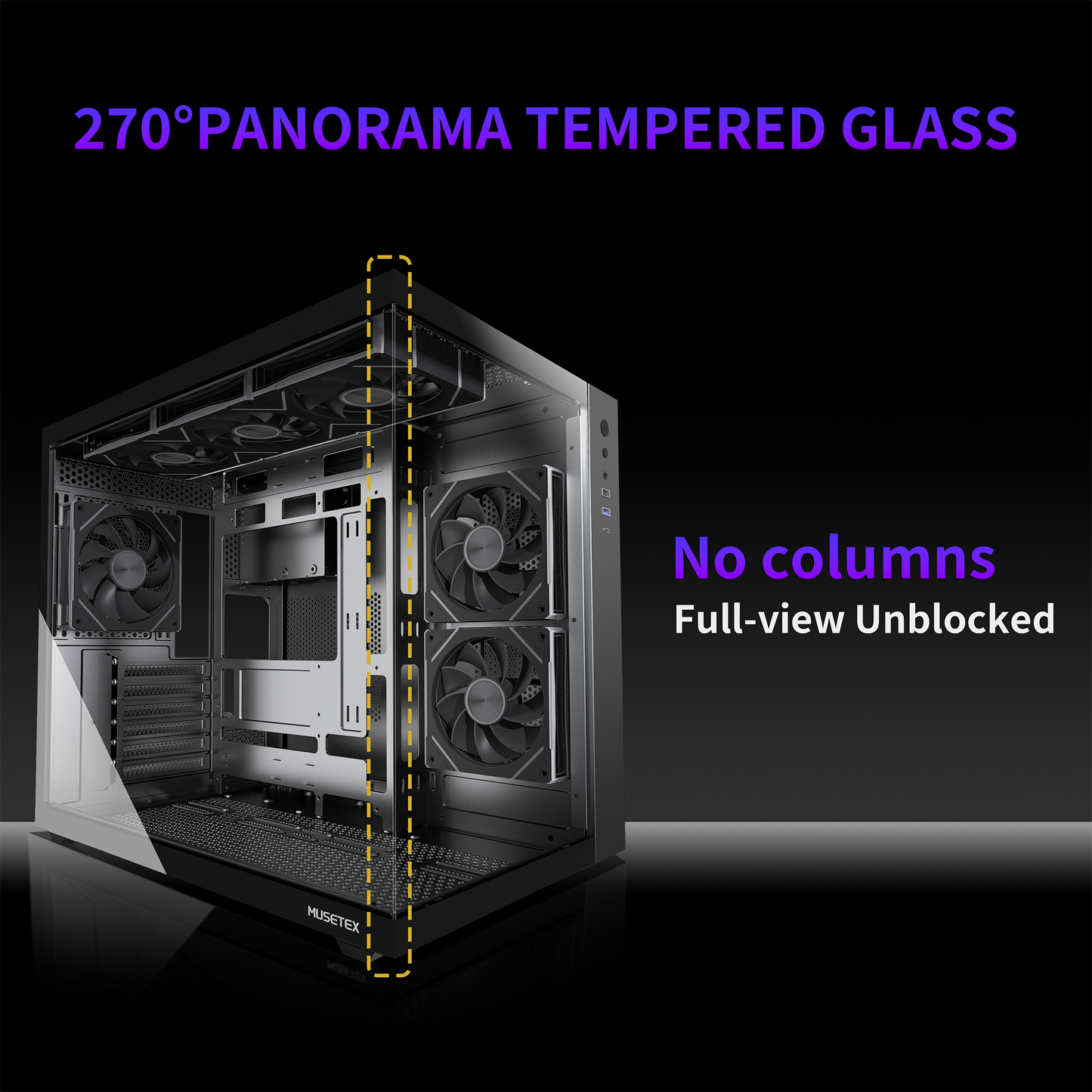 MUSETEX ATX PC Case,6 PWM ARGB Fans Pre-Installed,360MM RAD Support,Type-C Gaming PC Case,270° Full View Tempered Glass Mid Tower,Black ATX Computer Case,Y6