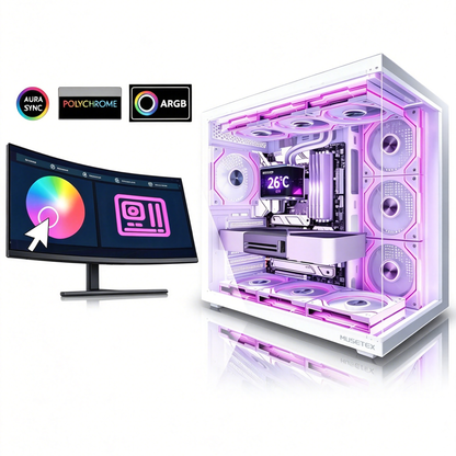 MUSETEX Y6 PC Case, Pre-Installed 7 Infinity Mirror PWM ARGB Fans, ATX Mid Tower Computer Case, Gaming PC Case with Type-C, 270° Full View Tempered Glass, White
