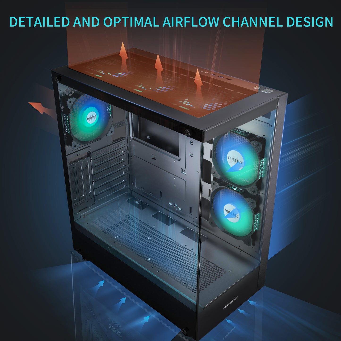 K2-N6-B MUSETEX PC CASE ATX 6 PWM ARGB Fans Pre-Installed, Type-C Mid Tower Computer Case with Full-View Dual Tempered Glass, Gaming PC Case,Black(K2)