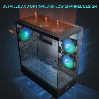 K2-N6-B MUSETEX PC CASE ATX 6 PWM ARGB Fans Pre-Installed, Type-C Mid Tower Computer Case with Full-View Dual Tempered Glass, Gaming PC Case,Black(K2)