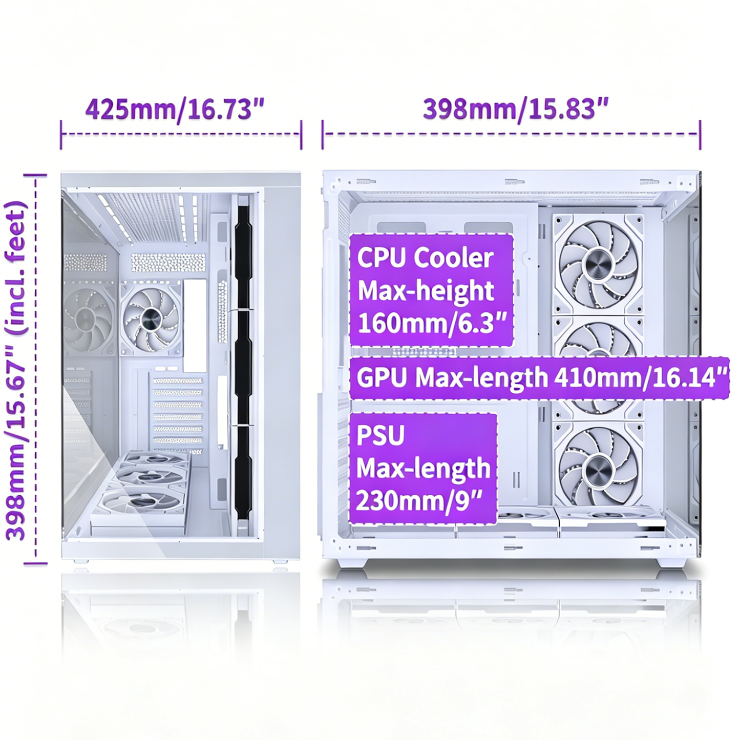 MUSETEX Y6 PC Case, Pre-Installed 7 Infinity Mirror PWM ARGB Fans, ATX Mid Tower Computer Case, Gaming PC Case with Type-C, 270° Full View Tempered Glass, White