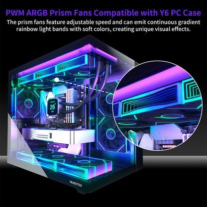 MUSETEX ATX PC Case,6 PWM ARGB Fans Pre-Installed,360MM RAD Support,Type-C Gaming PC Case,270° Full View Tempered Glass Mid Tower,Black ATX Computer Case,Y6