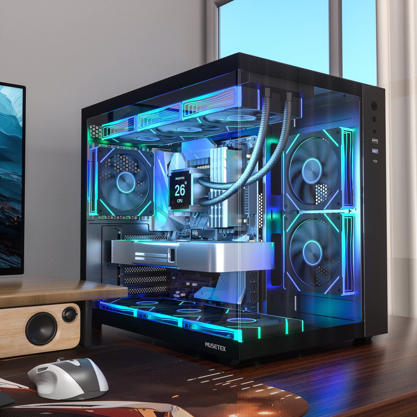 MUSETEX ATX PC Case,6 PWM ARGB Fans Pre-Installed,360MM RAD Support,Type-C Gaming PC Case,270° Full View Tempered Glass Mid Tower,Black ATX Computer Case,Y6