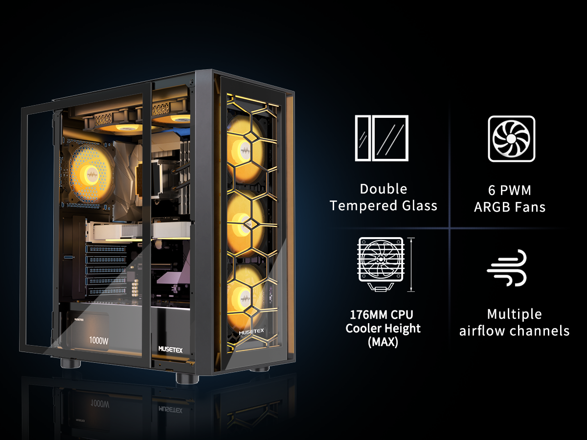MUSETEX ATX PC Case 6 PWM ARGB Fans Pre-Installed, Mid Tower Gaming PC