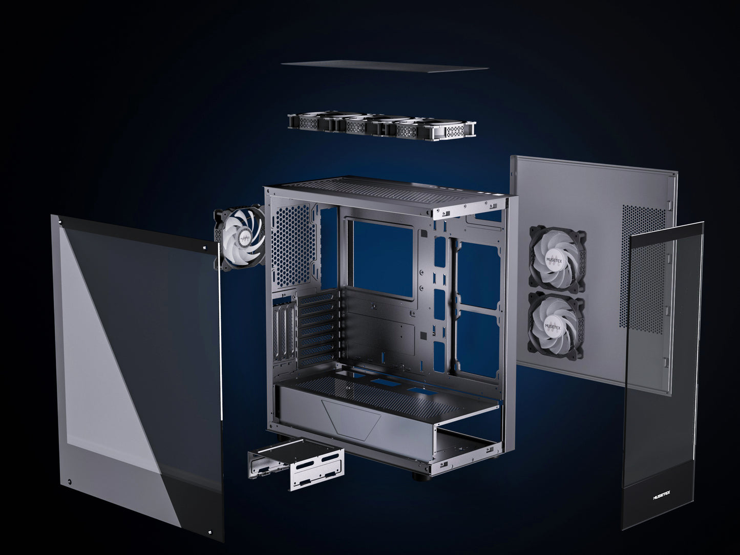 K2-N6-B MUSETEX PC CASE ATX 6 PWM ARGB Fans Pre-Installed, Type-C Mid Tower Computer Case with Full-View Dual Tempered Glass, Gaming PC Case,Black(K2)
