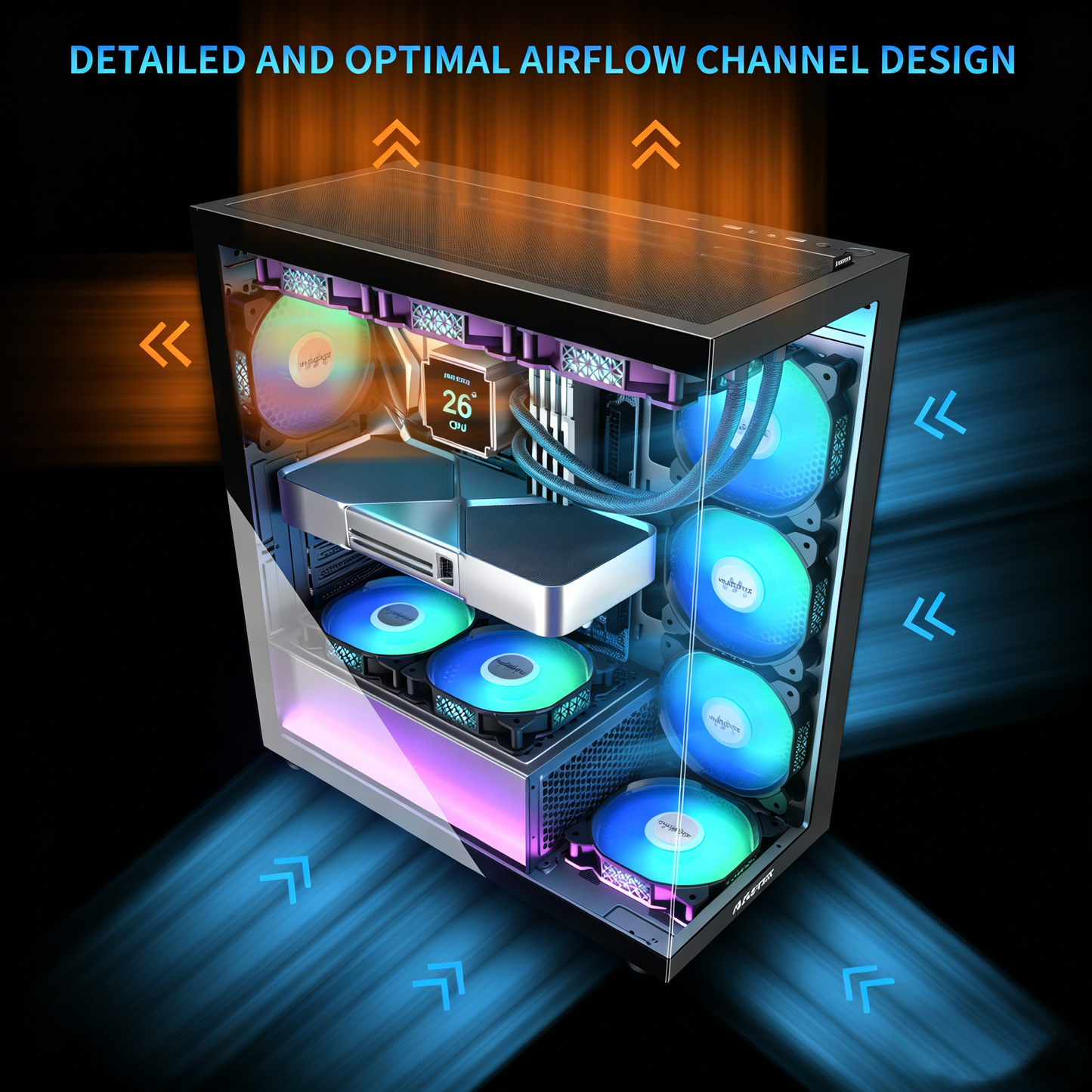 MUSETEX ATX PC Case 7 PWM ARGB Fans Pre-Installed, Type-C Mid Tower Computer Case with Full-View Dual Tempered Glass, Gaming PC Case, Black(K2)