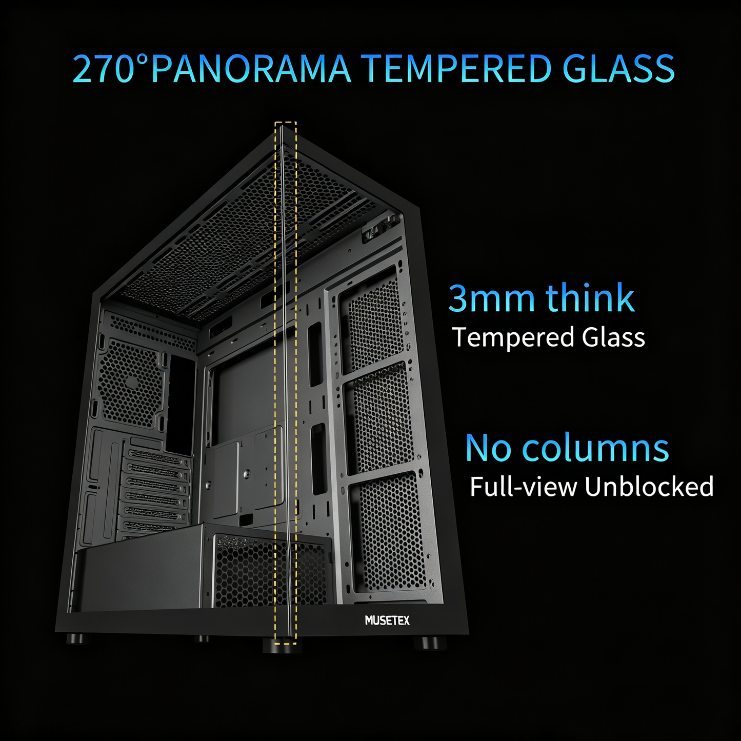 MUSETEX ATX PC Case 7 PWM ARGB Fans Pre-Installed, Type-C Mid Tower Computer Case with Full-View Dual Tempered Glass, Gaming PC Case, Black(K2)