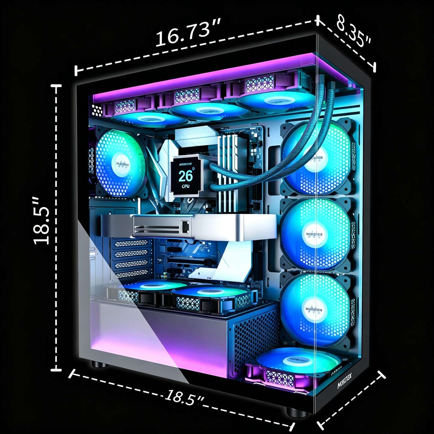 MUSETEX ATX PC Case 7 PWM ARGB Fans Pre-Installed, Type-C Mid Tower Computer Case with Full-View Dual Tempered Glass, Gaming PC Case, Black(K2)