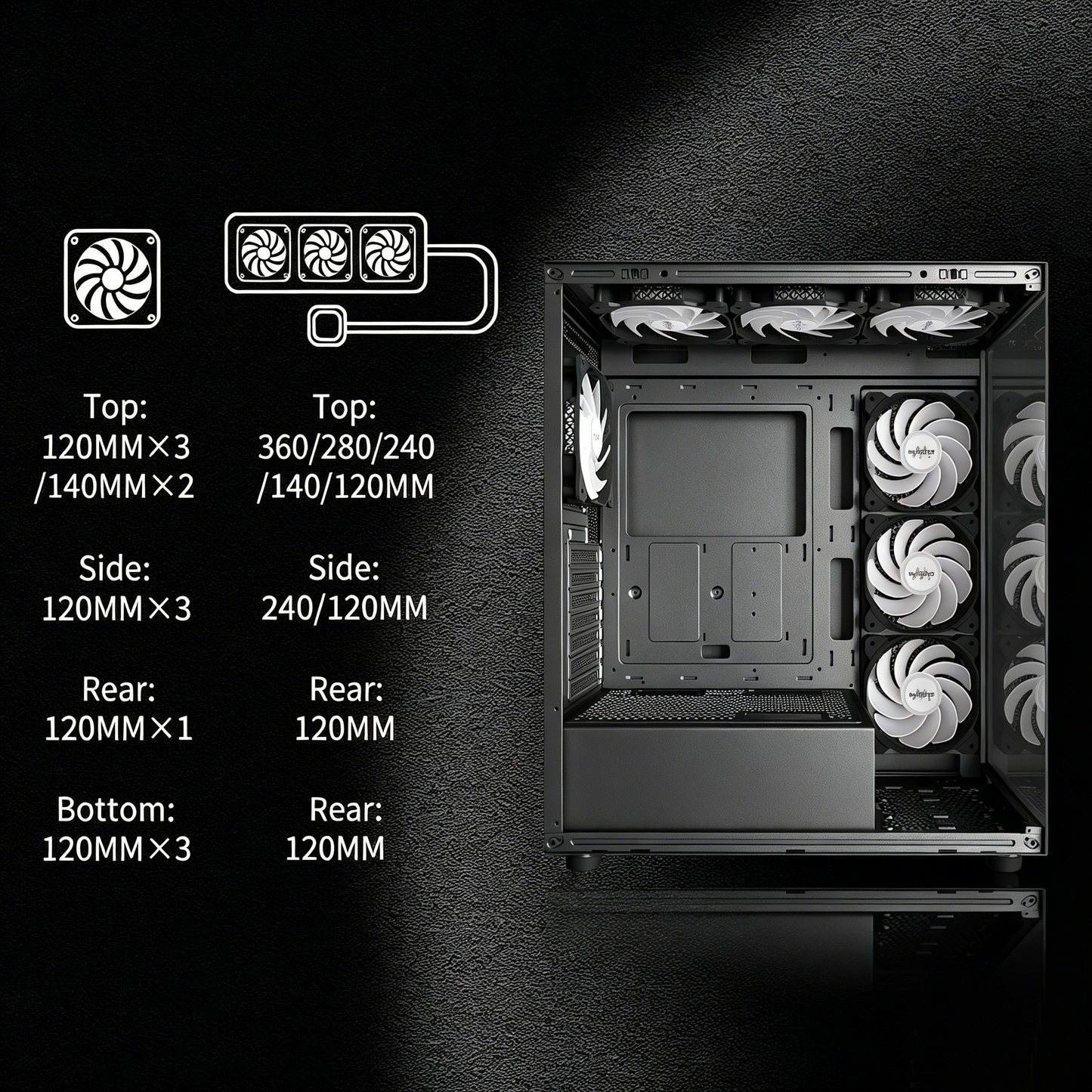 MUSETEX ATX PC Case 7 PWM ARGB Fans Pre-Installed, Type-C Mid Tower Computer Case with Full-View Dual Tempered Glass, Gaming PC Case, Black(K2)