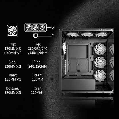 MUSETEX ATX PC Case 7 PWM ARGB Fans Pre-Installed, Type-C Mid Tower Computer Case with Full-View Dual Tempered Glass, Gaming PC Case, Black(K2)