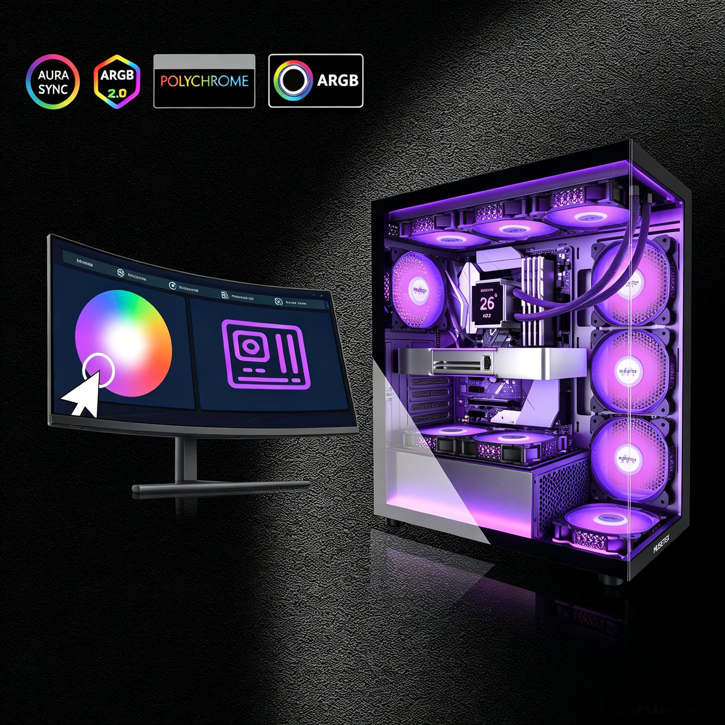 MUSETEX ATX PC Case 7 PWM ARGB Fans Pre-Installed, Type-C Mid Tower Computer Case with Full-View Dual Tempered Glass, Gaming PC Case, Black(K2)