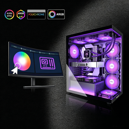 MUSETEX ATX PC Case 7 PWM ARGB Fans Pre-Installed, Type-C Mid Tower Computer Case with Full-View Dual Tempered Glass, Gaming PC Case, Black(K2)