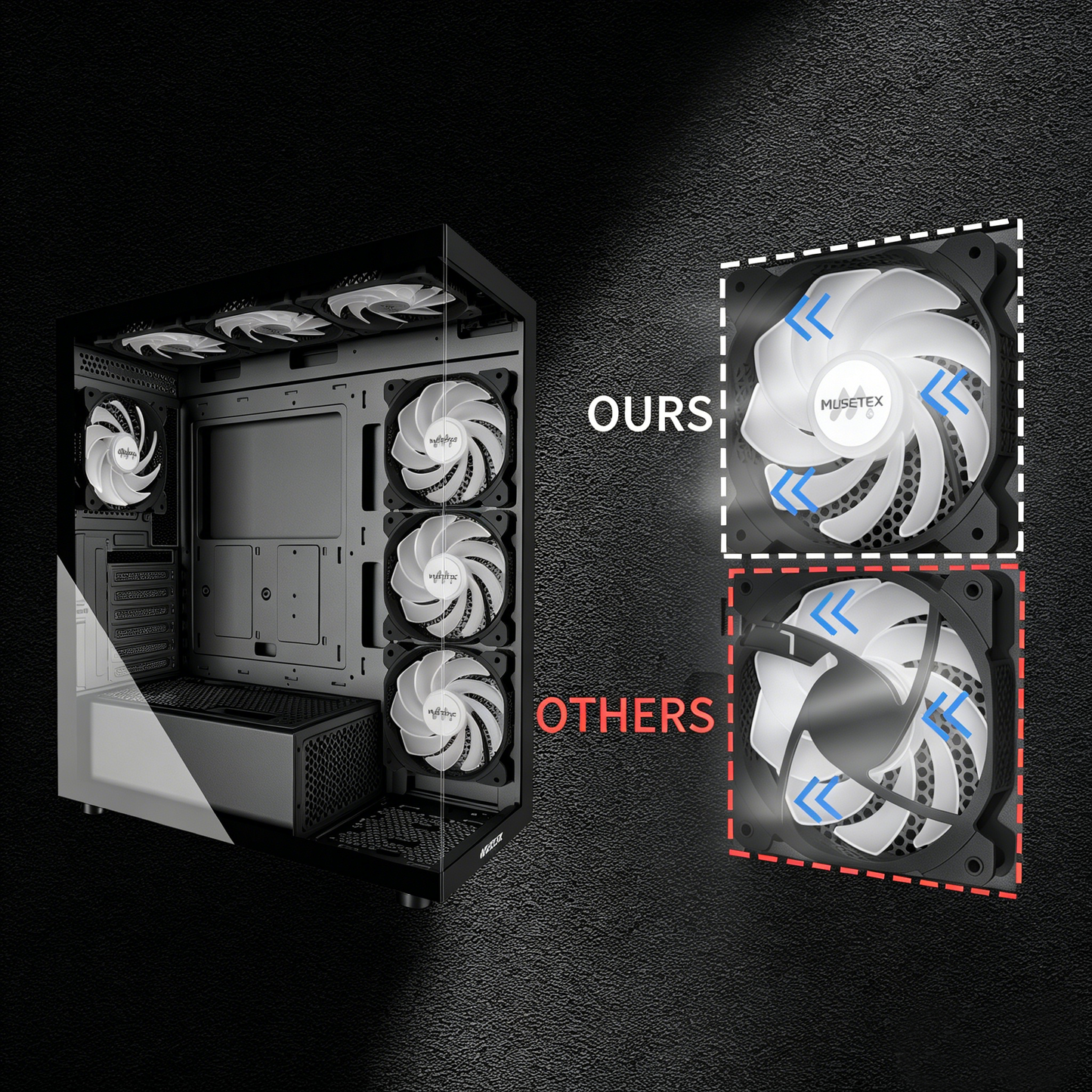 MUSETEX ATX PC Case 7 PWM ARGB Fans Pre-Installed, Type-C Mid Tower Computer Case with Full-View Dual Tempered Glass, Gaming PC Case, Black(K2)